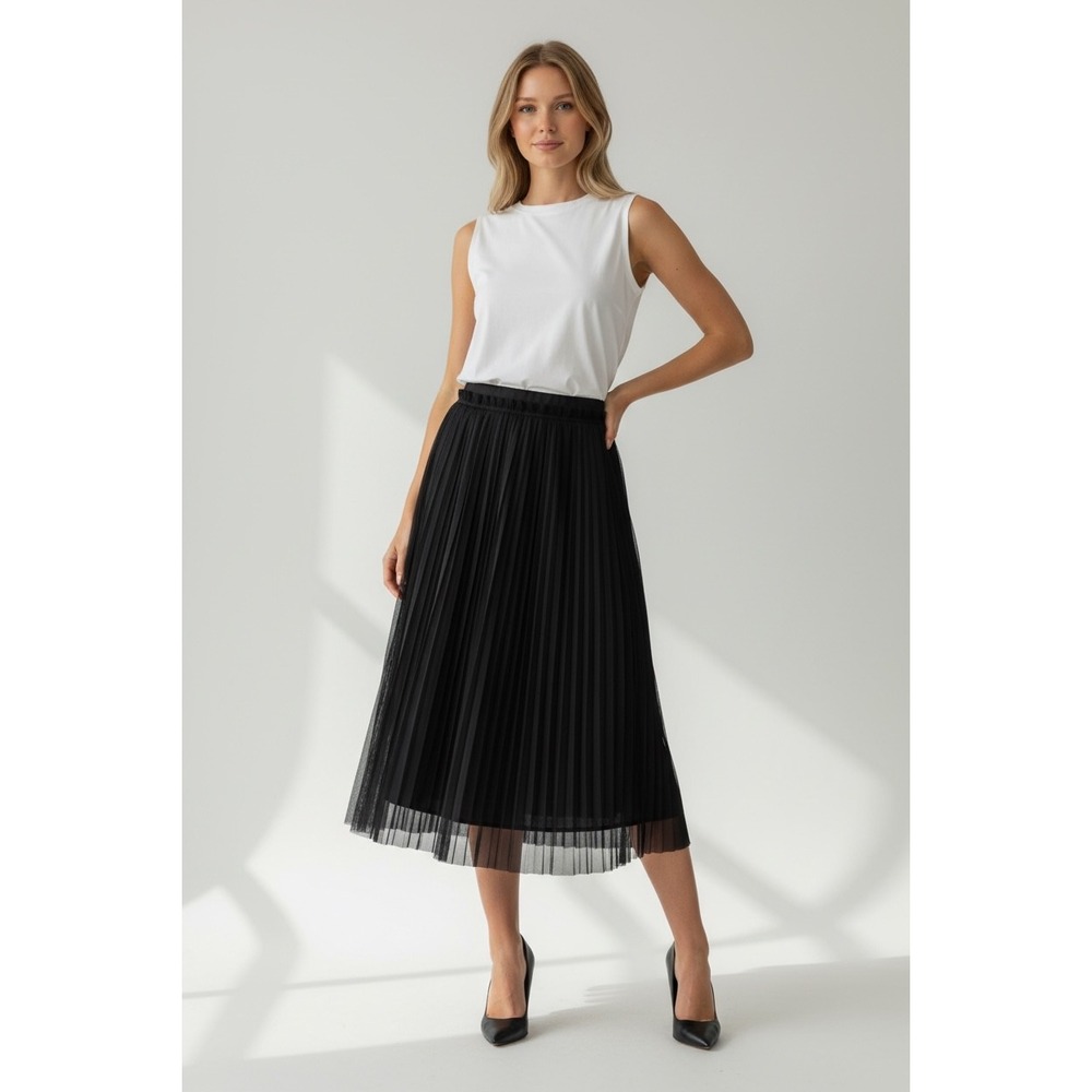 Banana Republic Black Pleated Tulle Midi Skirt Size 10 Tall Mesh Accordion‎ Core